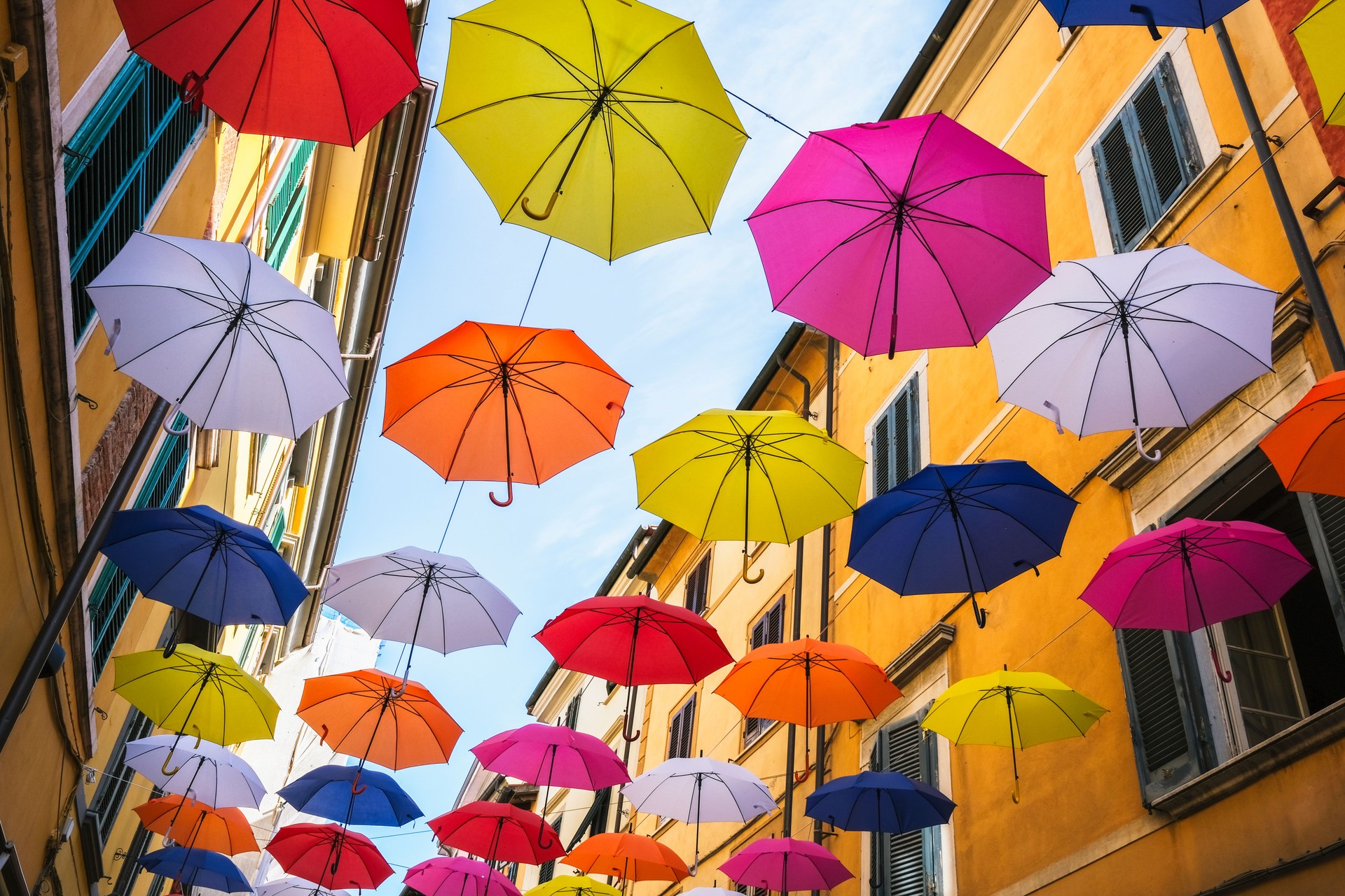 Multicolored umbrellas hanging above street, decoration and protection